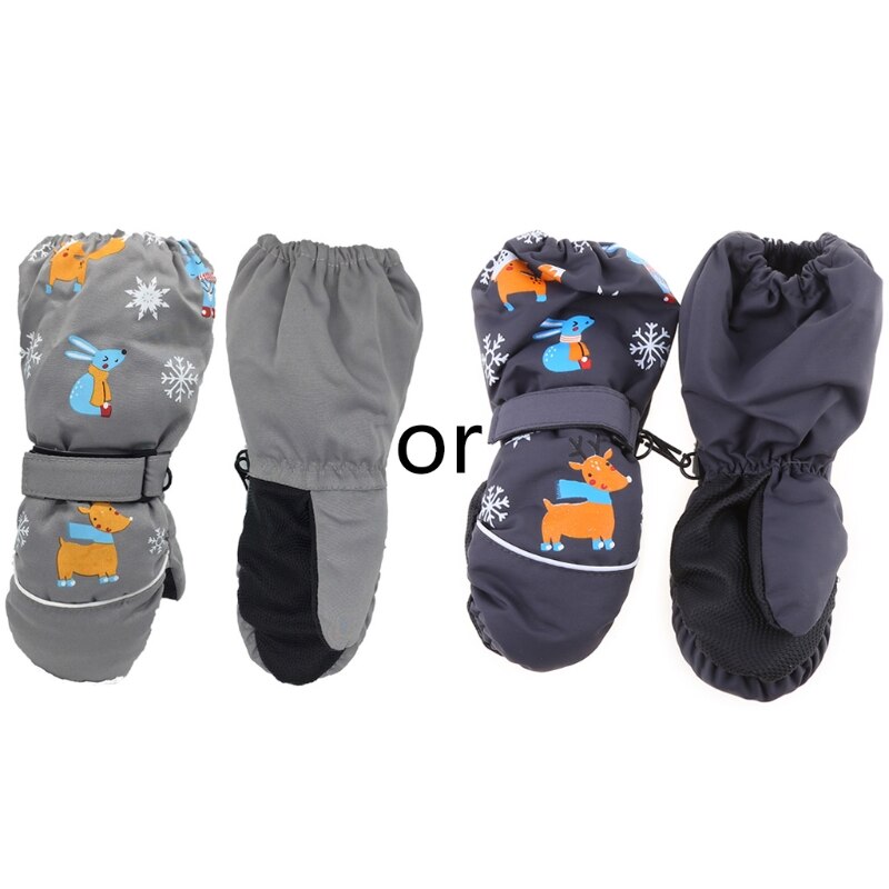 Winter Children Print Cartoon Deer Rabbit Thickening Ski Gloves Kids Windproof Waterproof Non-slip Long-sleeved Mittens: grey-random color