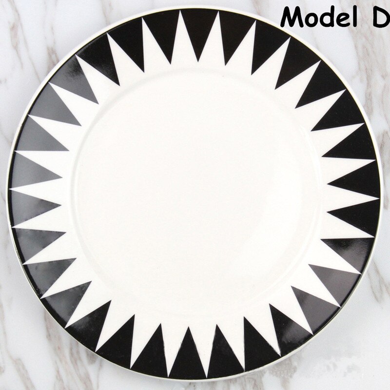 Assiette plate à figures géométriques, style simple, plat à salade, plateau à nourriture en céramique, assiette à pâtes, vaisselle, plat à petit-déjeuner, noir et blanc: Modèle d