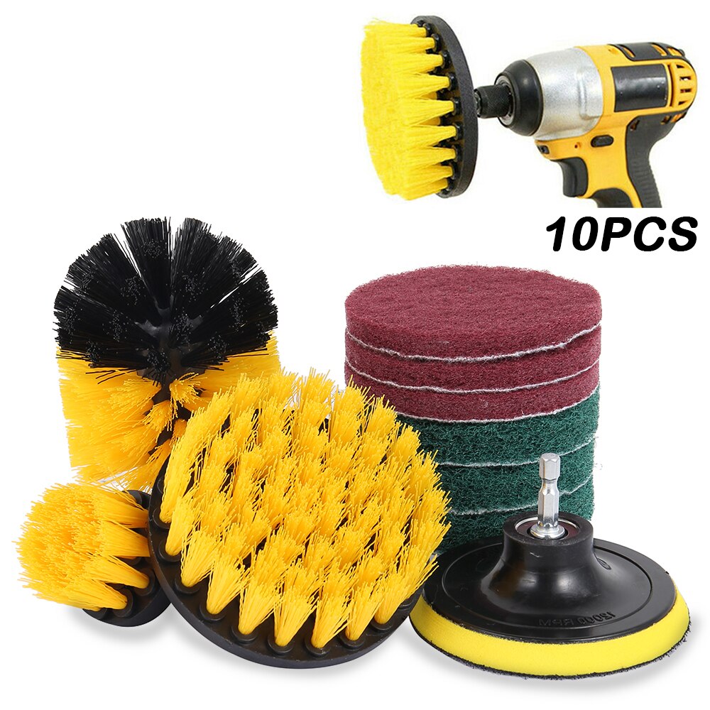 10pcs/set Electric Drill Brush Scrub Pads Kit Power Scrubber Cleaning Kit Cleaning Brush Scouring Pad for Carpet Glass Car Clean