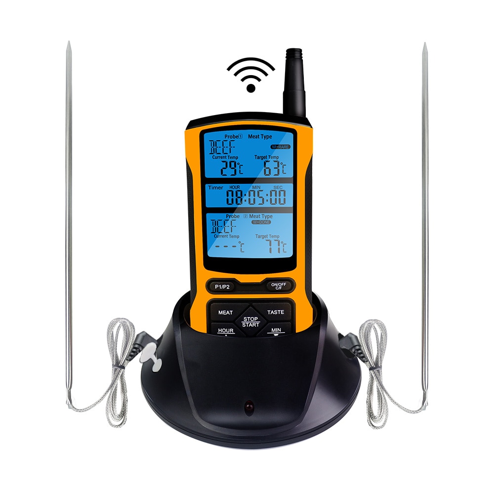 Wireless Remote Oven Grill Thermometer Meat Temperature Meter for BBQ Clock Timer with two Stainless Steel Probe 5 Backlight