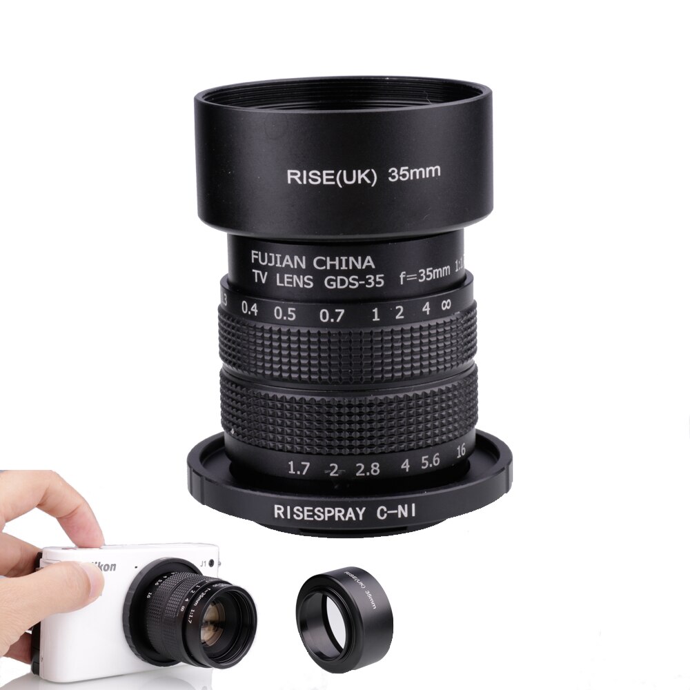 Objectif de vidéosurveillance Fujian 35mm f/1.7 APS-C + bague d&#39;adaptation + 2 anneaux Macro + pare-soleil pour caméra sans miroir NIKON1 J1/J2/J3/J4/J5