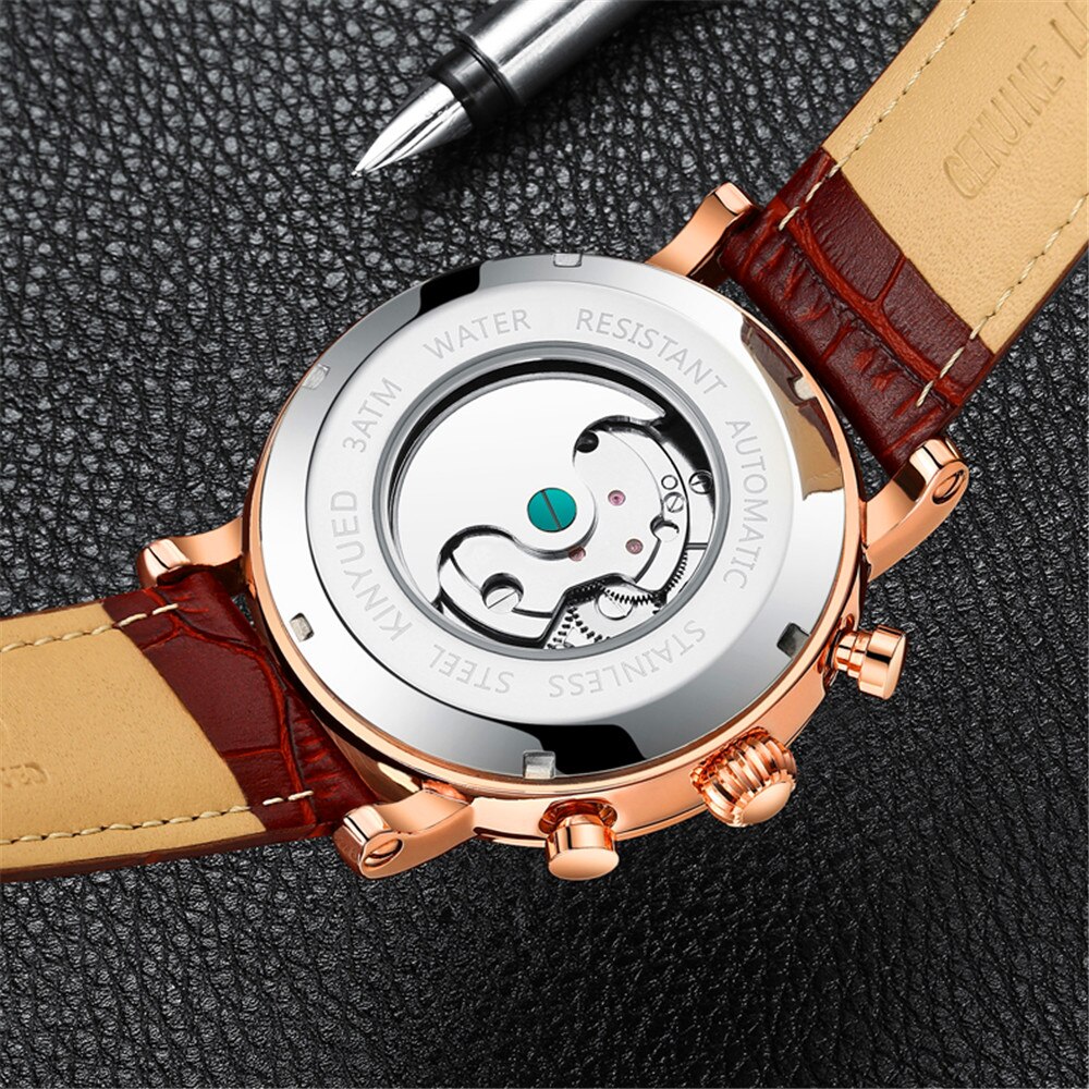 KINYUED-reloj mecánico totalmente automático para hombre, de , informal, totalmente funcional, Tourbillon, de negocios, luminoso, resistente al agua, J025