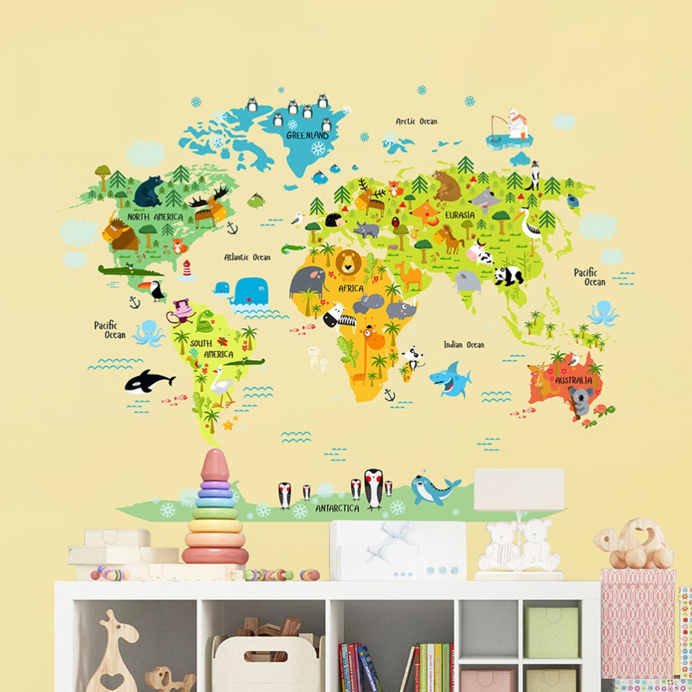 Cartoon Animals World Map Wall Stickers Removable Waterproof Wall Decals Wall Decor for Kids Room