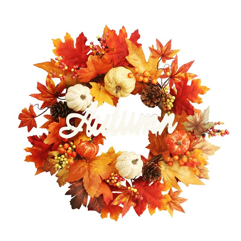 Kunstmatige Krans Met Pompoen Bessen Esdoornblad Voor Herfst Halloween Thanksgiving Dag Deur Thuis Decoratie, 19Inch: Default Title