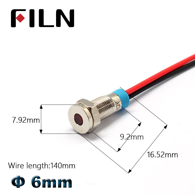 FILN 6mm 12v mini Metal LED Pilot Panel Dash Signal Indicator Warning light 14cm cable Chrome Finish Car Boat Marine pilot lamp