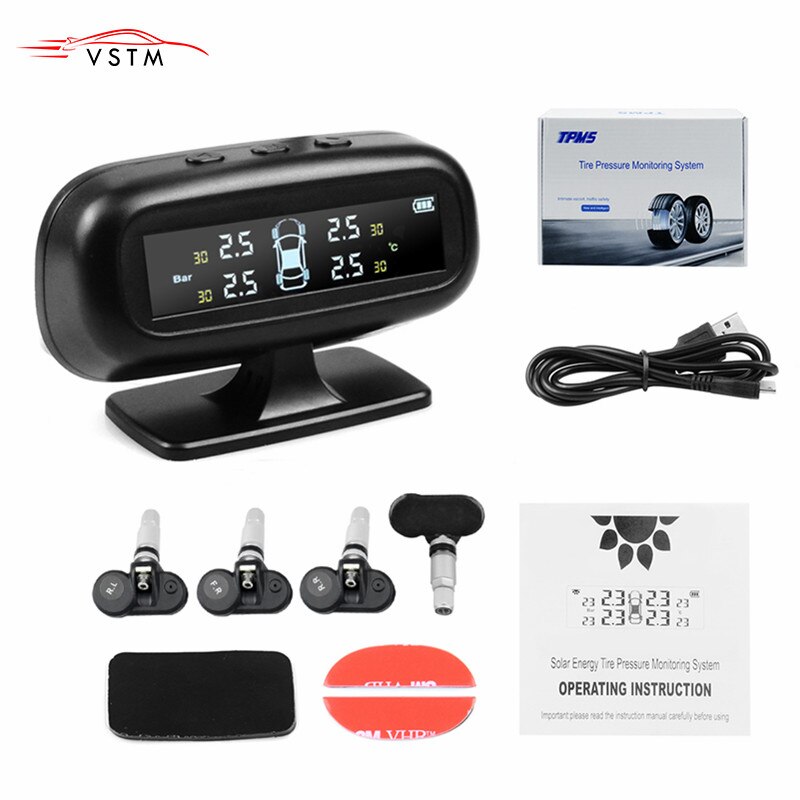 Solar TPMS Tire Pressure Monitor System Alarm 4 Temperature Gauge Meter Car Solar Power TPMS Visture With 4 Sensors