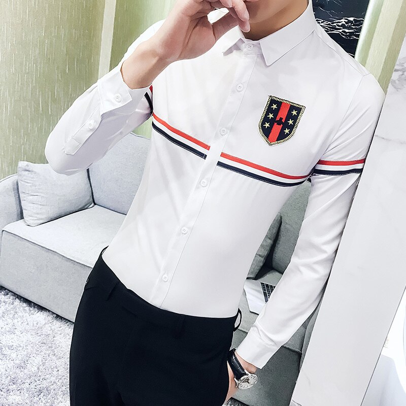 Brand Fall Mens Dress Shirts Casual Streetwear Slim Fit Men Shirt Long Sleeve Night Club Work Social Shirt Size Plus S-5XL: white / 5XL 80-85KG