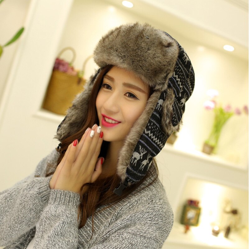 HT353-gorro de estilo ruso con aleta de nieve para hombre y mujer, gorro de bombardero de piel sintética con solapa de oreja, para invierno