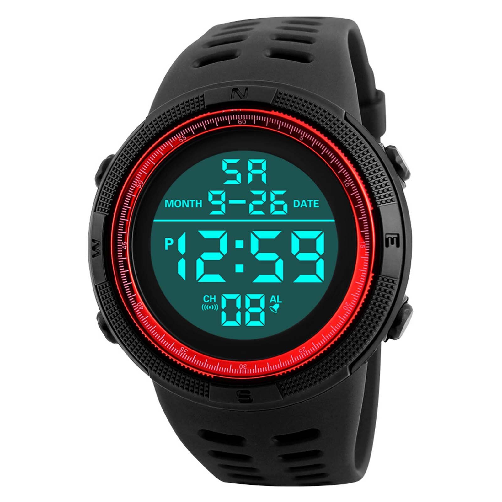 Sports Watches 50M Waterproof LED Digital Watch for Men Resin Dial PU Strap Clock Relogio Masculino Digital Watch: Red