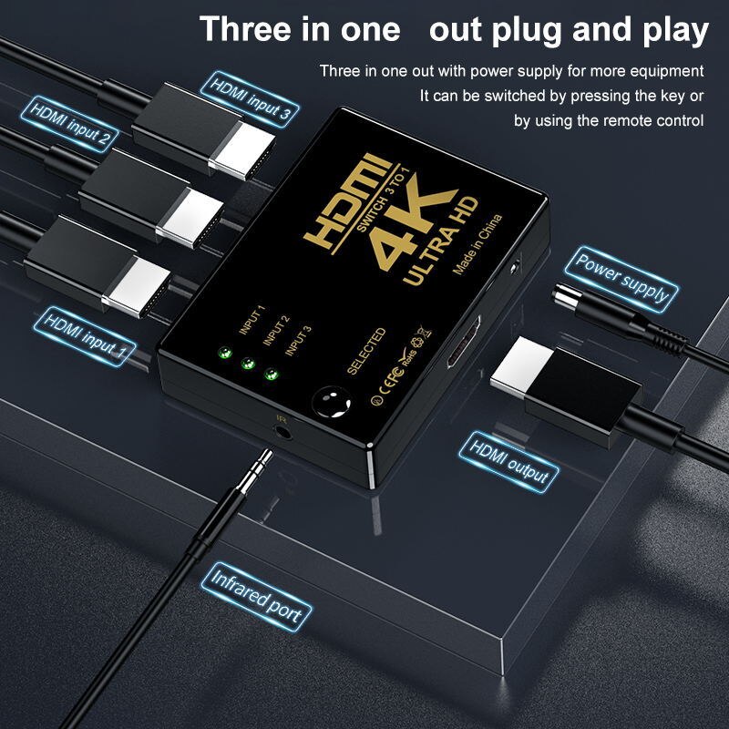 3x1 HDMI Switcher 4K 3 5 Port HD Switch Selector Splitter With Hub IR Remote Controller For HDTV DVD TV BOX Z2 Battery included