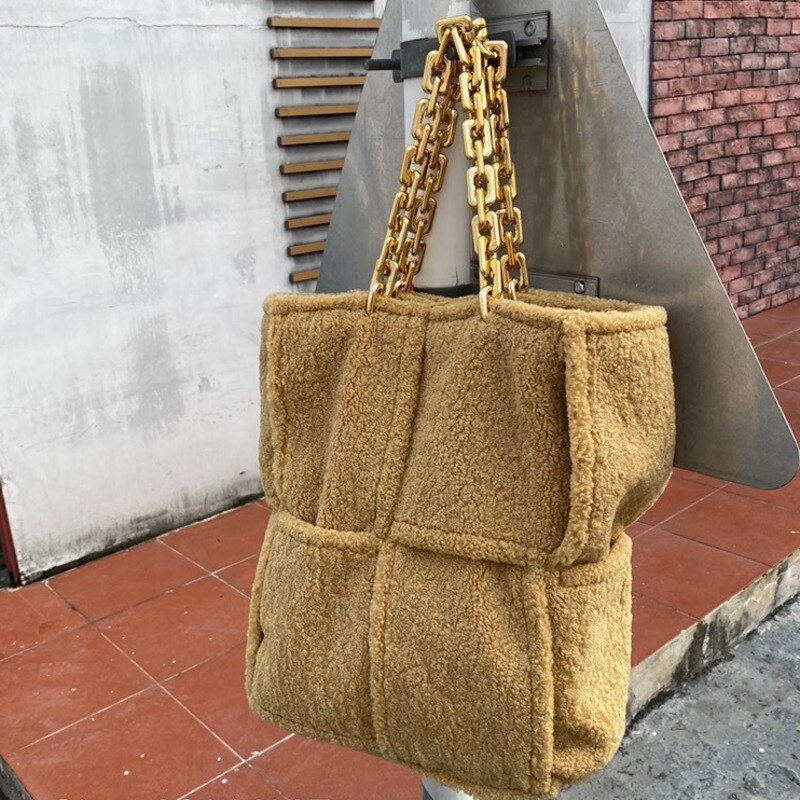 Sac à main en fausse fourrure pour femmes, sangle avec chaîne épaisse, couleur unie, sac à main pour voyage, HP002, hiver,: Yellow