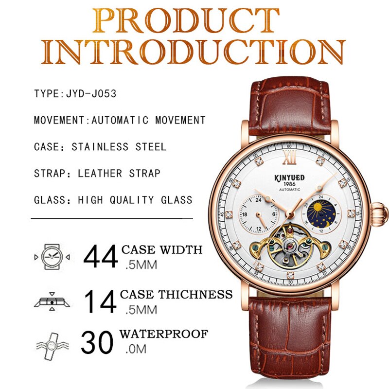 KINYUED-reloj con movimiento mecánico para hombre, Tourbillon, automático, esqueleto hueco, de negocios, reloj luminoso resistente al agua, J053