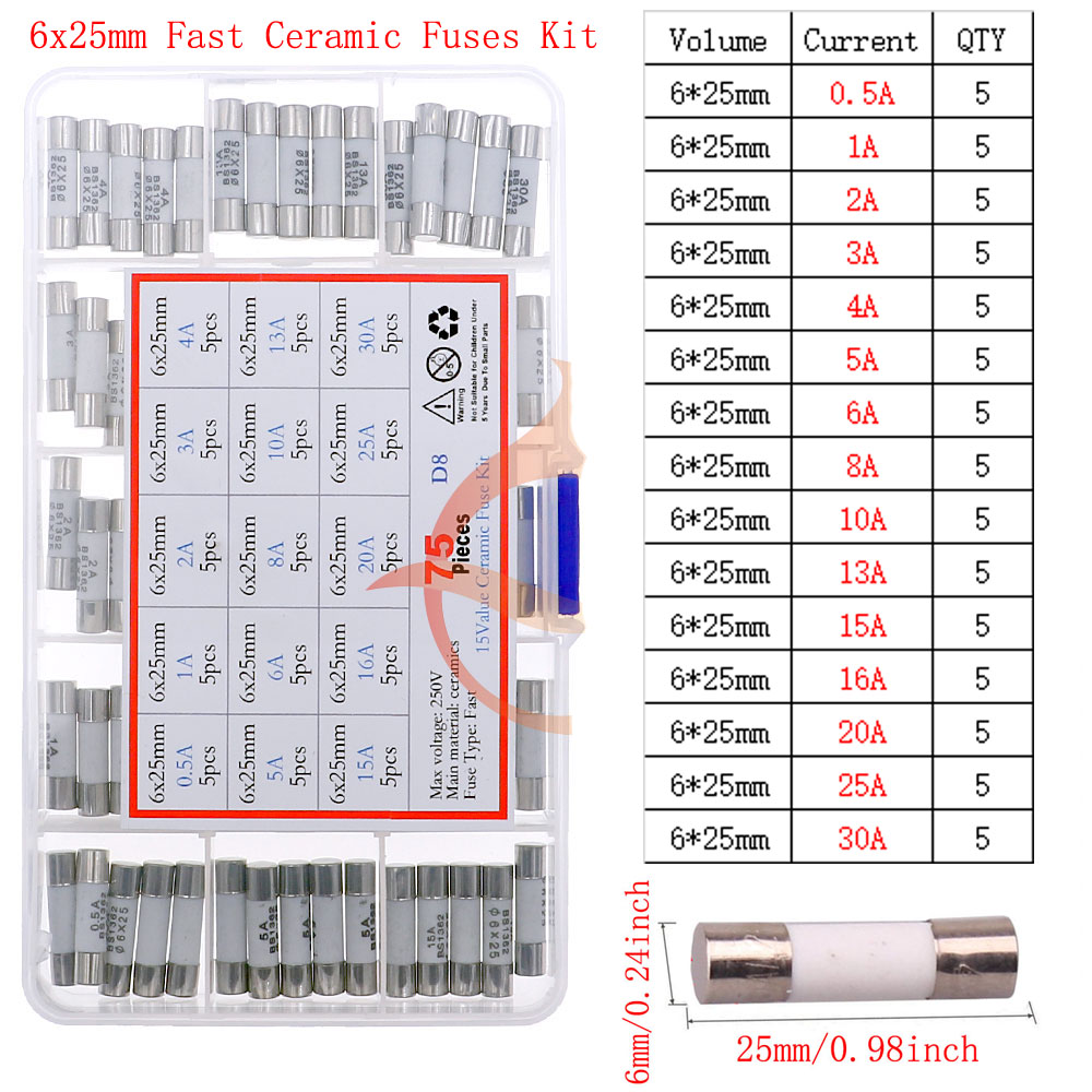Fusible de vidrio lento y rápido de 12V-250V con kit de mezcla de cables de plomo 0.1A 0.25A 0.5A 1A 2A 2.5A 3A 3.15A 4A 5A 6A 6.3A 8A 10A 15A 16A 20A 30A: Azul lago