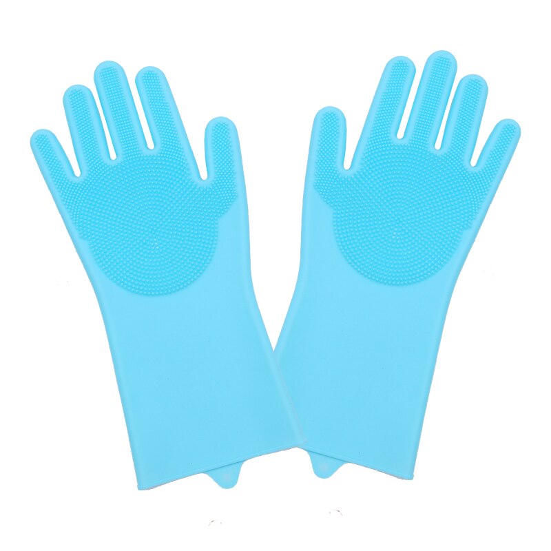 1 par opvaskemiddel handsker magiske silikone retter rengøringshandsker med rengøringsbørste køkkenvask husholdning skrubbehandsker: Blå et par