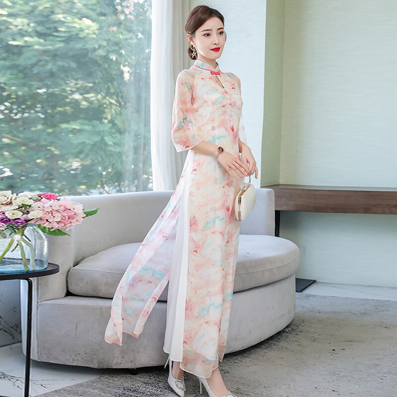 Letni nadruk z szyfonu qipao długie wietnamskie sukienki Aodai