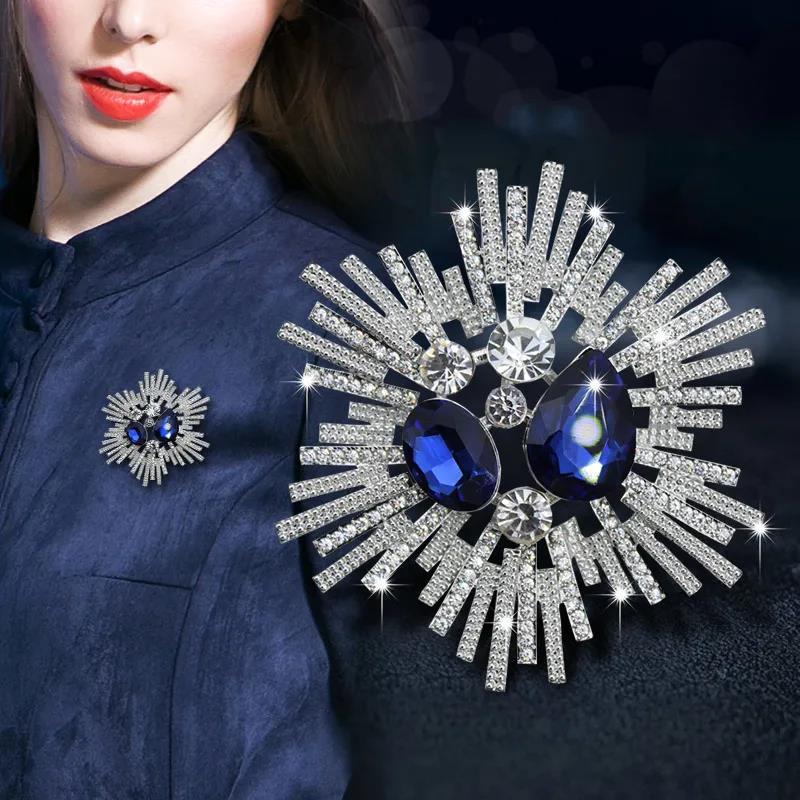 Nuevos broches brillantes de flores de sol para mujer, broche de lujo con perlas grandes y diamantes de imitación, alfileres, joyería, accesorios para traje, de boda