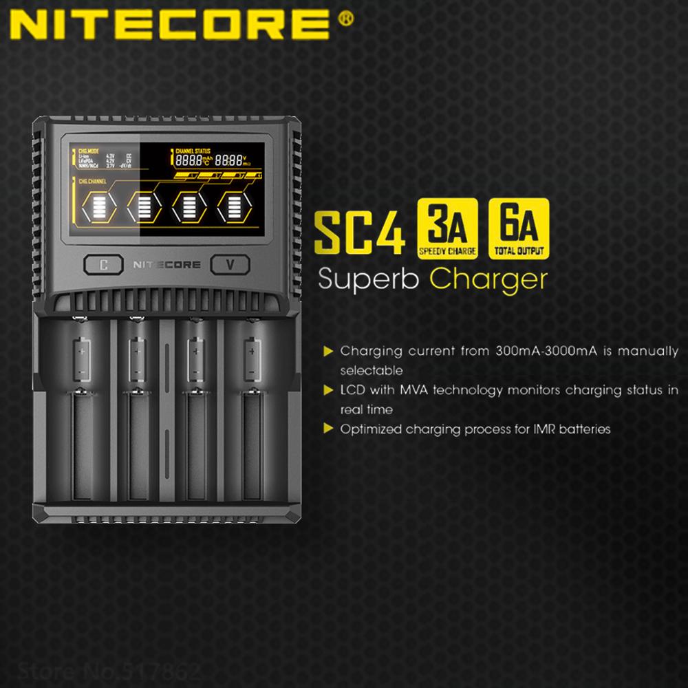 NITECORE SC4 Intelligent De Charge Plus Rapide Superbe Chargeur avec 4 Slots 6A Production Totale Compatible IMR 18650 14450 16340 AA Batterie