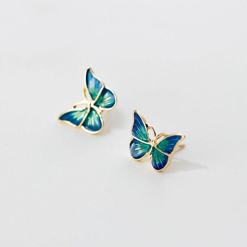 Mloveacc 100% 925 solid sterling sølv blå grøn emalje gylden levende butterfly stud øreringe smykker til kvinder dame