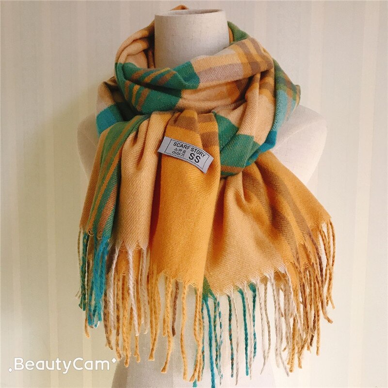 Direct Yellow Plaid Winter Scarf Shawl Women Wool Blends Poncho Wrap Female Tippet Stole Ladies Colorful Scarves Pashmina: YELLOW