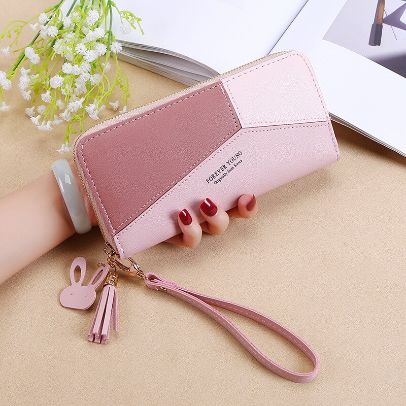 Style WOMEN'S Handbag Wallet Women's Long Korean-style Contrast Color Joint Zipper Tassels Large-Volume Wallet Mobile Phone: Pink Color