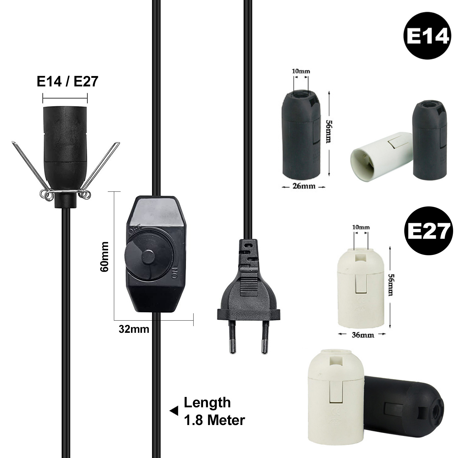 GANRILAND Przewód lampy Wtyczka EU E14 E27 Gniazdo 1.8M Dekoracyjny czarno-biały uchwyt lampy z przełącznikiem Ściemniacz Przewód zasilający