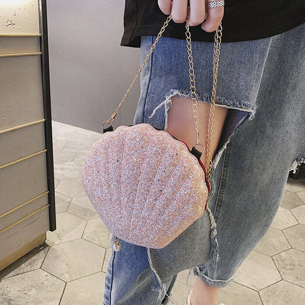 Vrouwen Meisje Glitter Sequine Shell Vorm Messenger Bags Dame Zomer Strand Pu Handtas Cross Body Schoudertas portemonnee