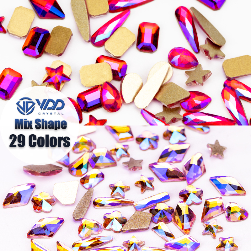 VDD 100 stuks glas nail art steentjes plaksteen strass glitter kristal strass gemengde vorm diamant glanzende doe-het-zelf ambachten decoratie