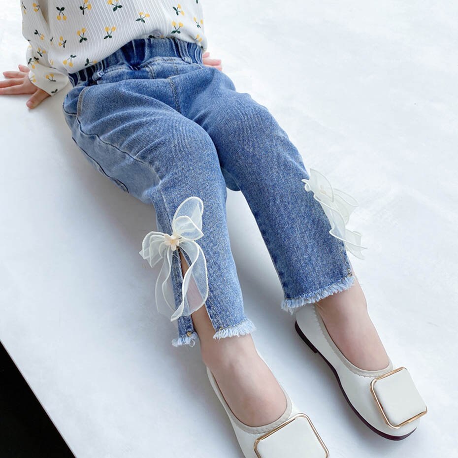 Toddler baby girl jeans med sløjfe jeans baby efterår vinter jeans til børn piger afslappet stil pigetøj
