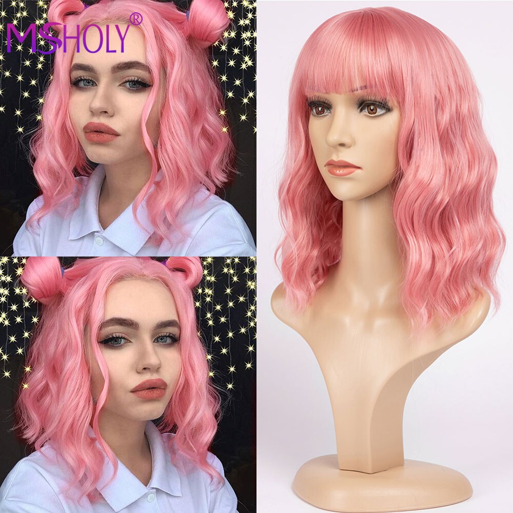 Roze Golvend Pruik Met Pony Korte Bob Pruik Krullend Golvend Bob Synthetisch Rood Blonde Groen Paars Pruiken Hoge Temperatuur Cosplay pruik Msholy: Pink Wig