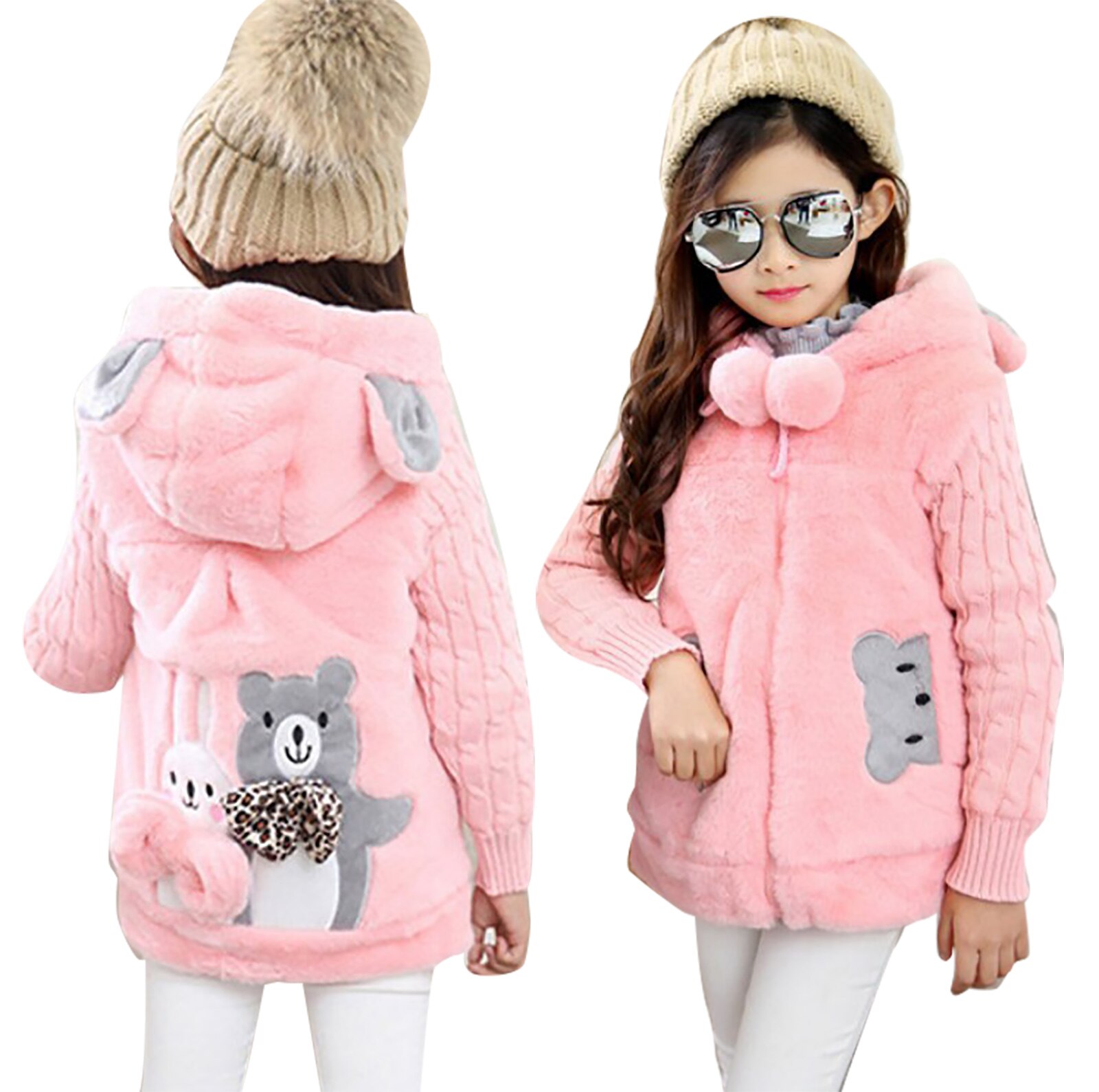 Manteau en fausse fourrure pour enfants, hiver, manteau ours de dessin animé, veste à capuche, combinaison de neige chaude, manteau rembourré en coton, vêtements d&#39;extérieur pour enfants: Pink / 140
