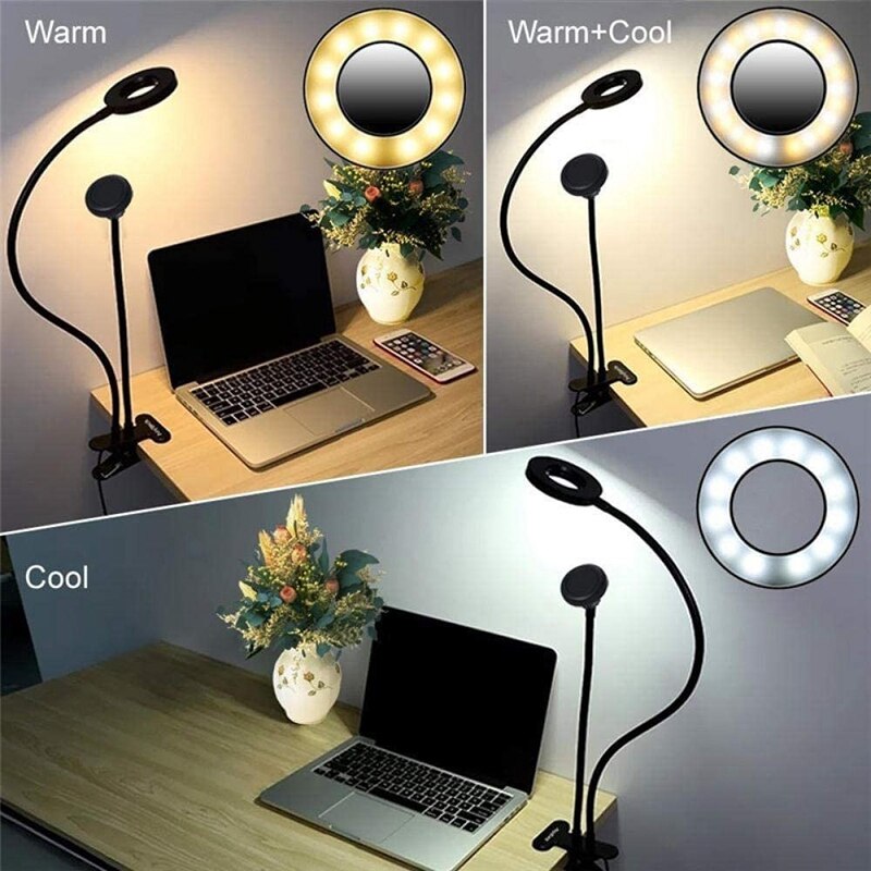 3 In 1 Led Selfie Ring Licht Desktop Lamp Mobiele Telefoon Houder Met Microfoon Houder Voor Smartphones Video Stander