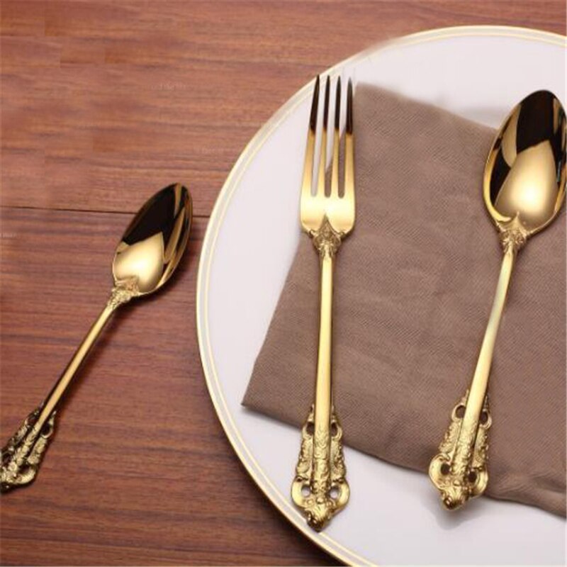 Cuillères et fourchettes à Long manche | Service de table rétro Vintage en relief en or sculpté, glaces thé cuillère à café articles de table pour la maison