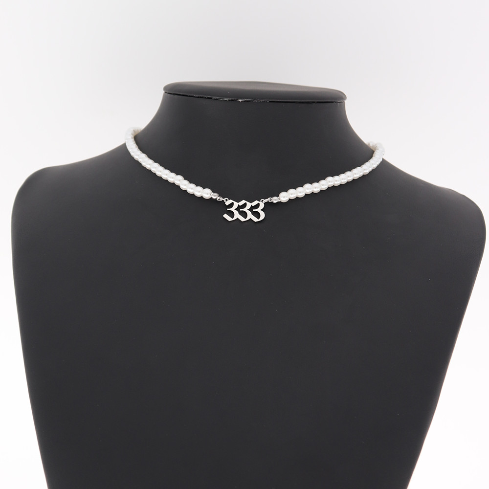 Edelstahl Engel Anzahl Halskette Perle Kette Choker 444 999 888 222 555 666 333 777 Boho Schmuck Teufel Colar gold Halsketten: Silver 333 Pearl