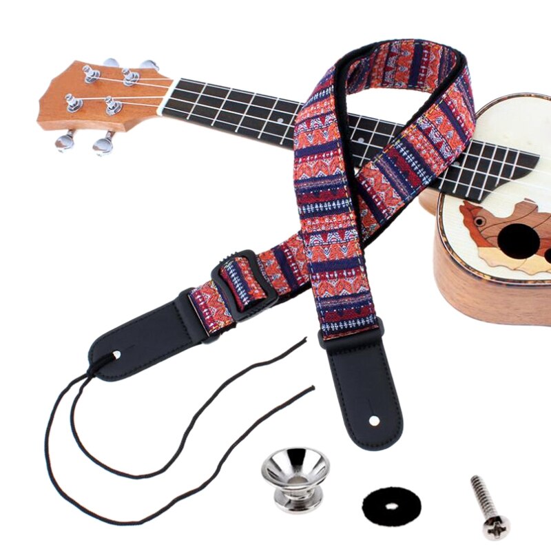 Verstelbare 75-130Cm Ukulele Gitaarband Katoen Lederen Sling Gesp Met Staart Nagel