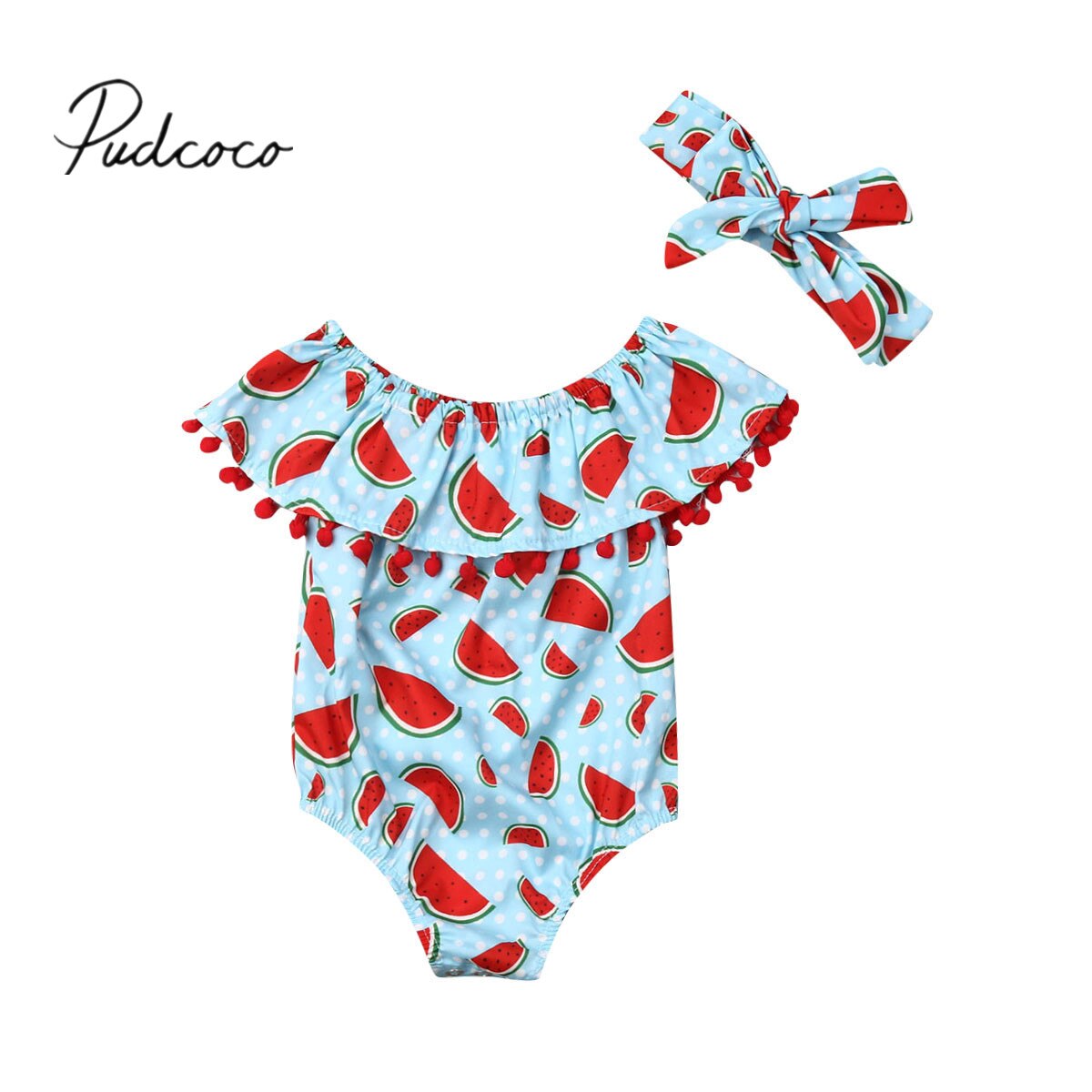 Baby Sommer Kleidung 0-18M Kleinkind freundlicher Baby Mädchen Wassermelone Bodys Rüschen Kurzarm Quaste Blumen Gesamt + stirnband