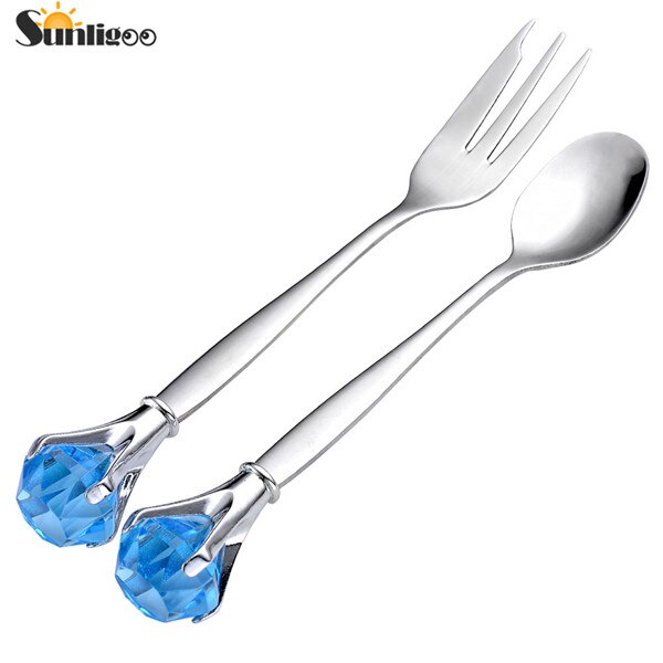 Sunligoo 2 stk klassisk krystal diamant rustfrit stål kort ske + gaffel bordsæt muddler mærke: 2 stk blå