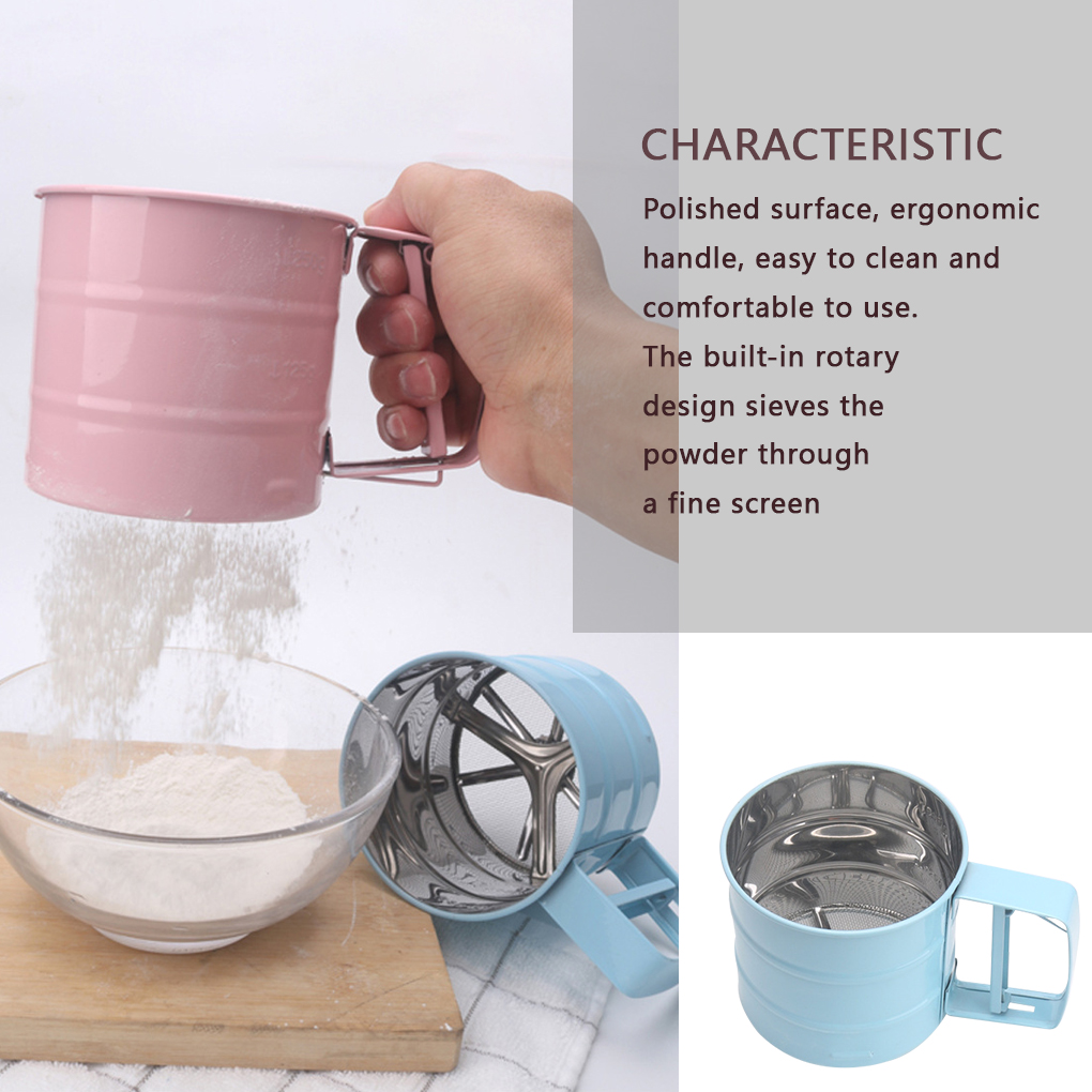 Stainless Steel Mesh Flour Sifter Mechanical Baking Icing Sugar Shaker Sieve Cup Shape Bakeware Baking Pastry Tools: Blue