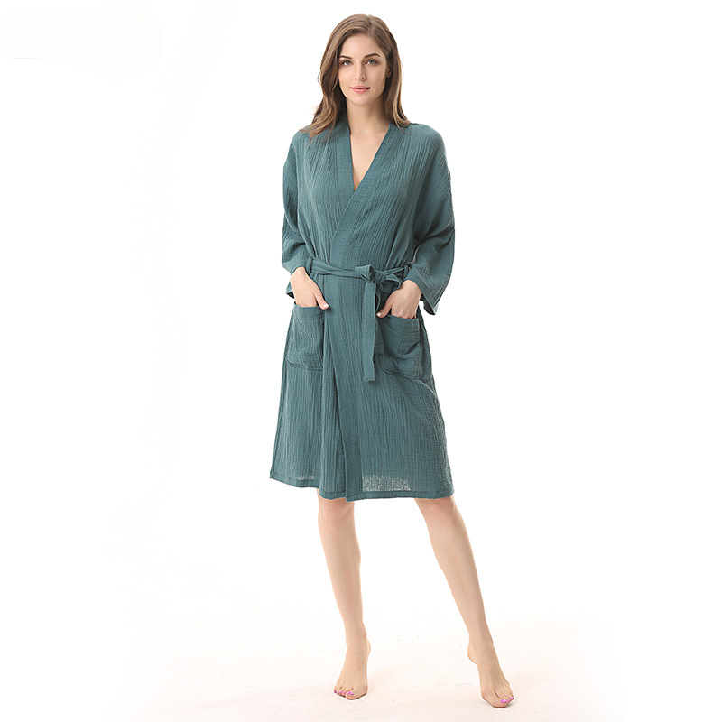 Effen kleur dunne badjas katoen dubbellaags gewassen gaas heren en dames Yukata kimono stijl dames nachtjapon: XL / Blauw