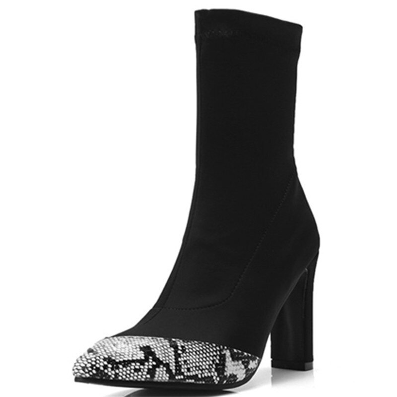 Fashion Ankle Elastic Sock Boots Chunky High Heels Stretch Women Autumn Sexy Booties Pointed Toe Women Pump Size 33-43