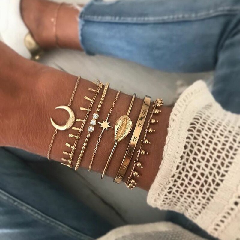 Punk Golden Opening Cuff Bracelets & Bangles For Women Crystal Geometric Link Chain Charm Bracelets Set Party Jewelry