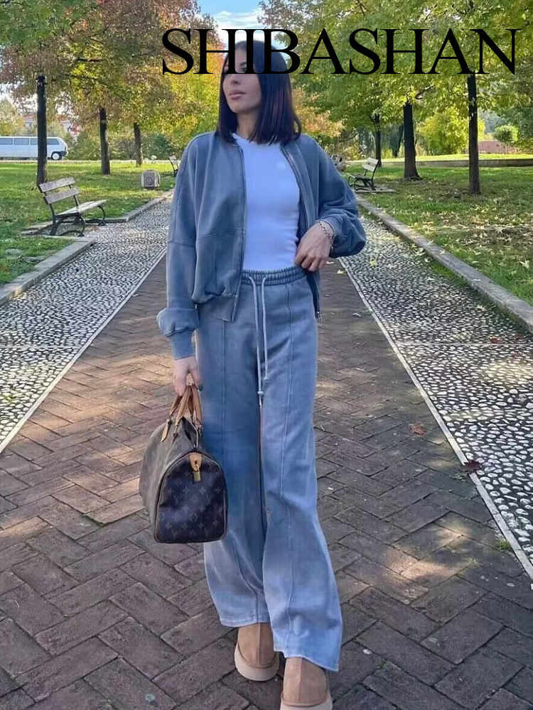 HH otoño mujer Casual sólido traje deportivo manga larga cremallera chaqueta Bomber abrigo + pantalones sueltos de cintura elástica conjuntos de pantalones