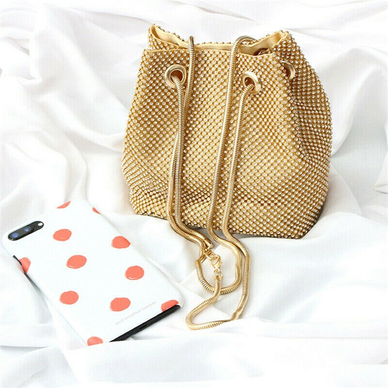 Dam satin strass kedja sträng hink messenger bag dam kväll bankett axelväska