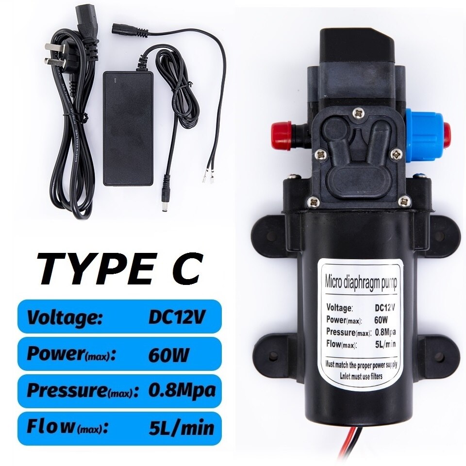 DC 12V 60W 5L/min Agricultural Electric Water Pump Black Micro High Pressure Diaphragm Pump Water Sprayer Car Wash: TYPE C and Adapter