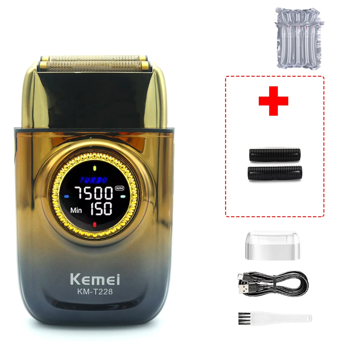 Kemei KM-T228 Men's Shaving Machine LED Display Double Foil Cordless Oil Head USB Electric Shaver Foil Male: green