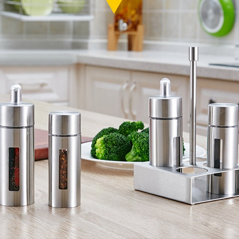 5Pcs/Set Stainless Steel Spice Rack Cruet Condiment Spice Jars Set Salt And Pepper Seasoning Cooking Kitchen Tool