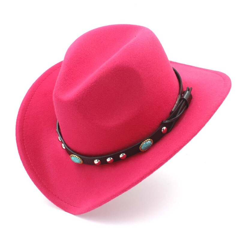 LUCKYLIANJI Wool Felt Western Cowboy Hat For Kid Child Wide Brim Cowgirl Kallaite Braid Leather Band (Size:54cm,Adjust Rope)