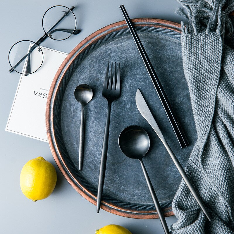 Black Matte Cutlery Set 304 Stainless Steel Dinner Knife Soup Spoon Butter Knife Chopsticks Teaspoon Dessert Fork Flatware
