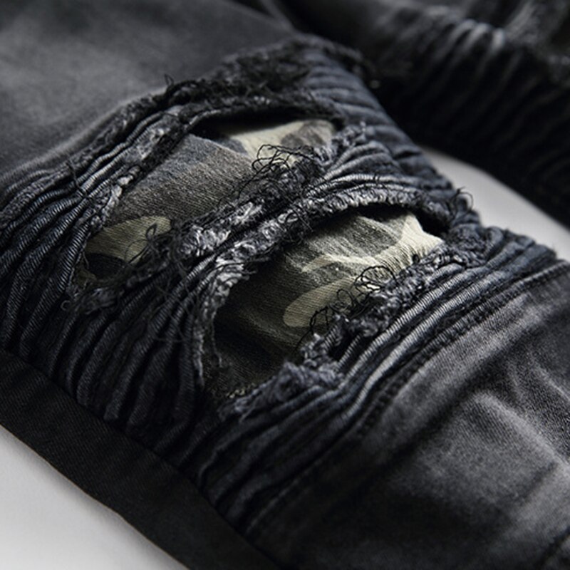 Men jeans denim high street ripped knee black slim stretch pants straight motorcycle washed trousers