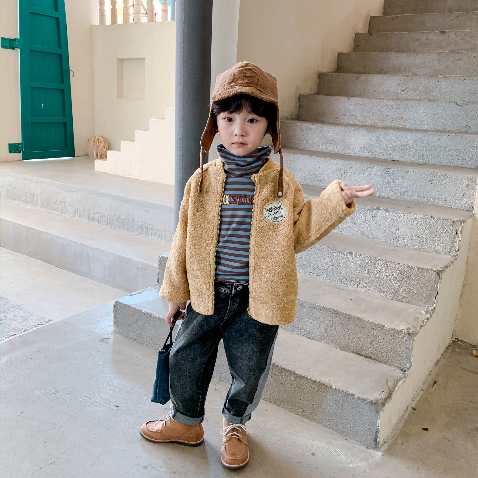 Chaquetas de lana bordadas con dibujos animados para niños, abrigos informales con cuello levantado y cremallera, Otoño Invierno