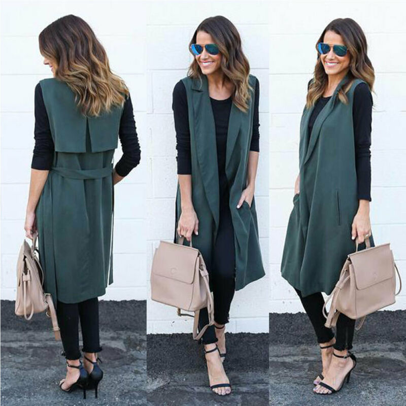 Autumn Womens Cardigan Solid Color Open Front Long Vest Cardigan Coat Blazer Office Sleeveless Work Jacket